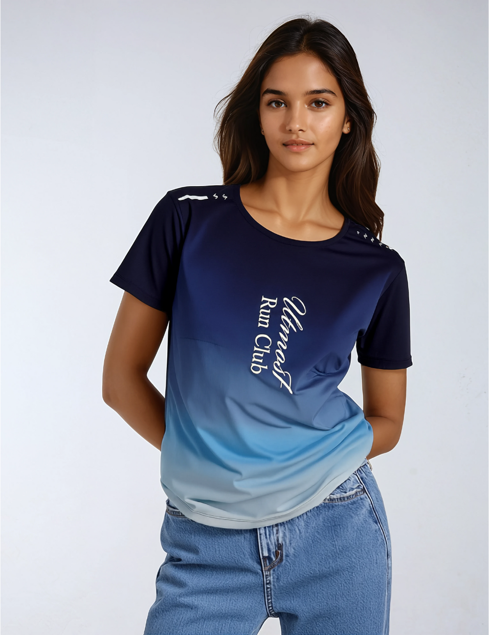 Ladies Polyester Navy Blue Printed Dry Fit T-Shirt X01 - Run Club - Regular Fit