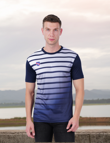 DRY FIT ROUND NECK T SHIRT - NAVY BLUE AND WHITE STRIPS - S17