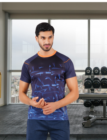 DRY FIT ROUND NECK T SHIRT - NAVY AND ORANGE S11
