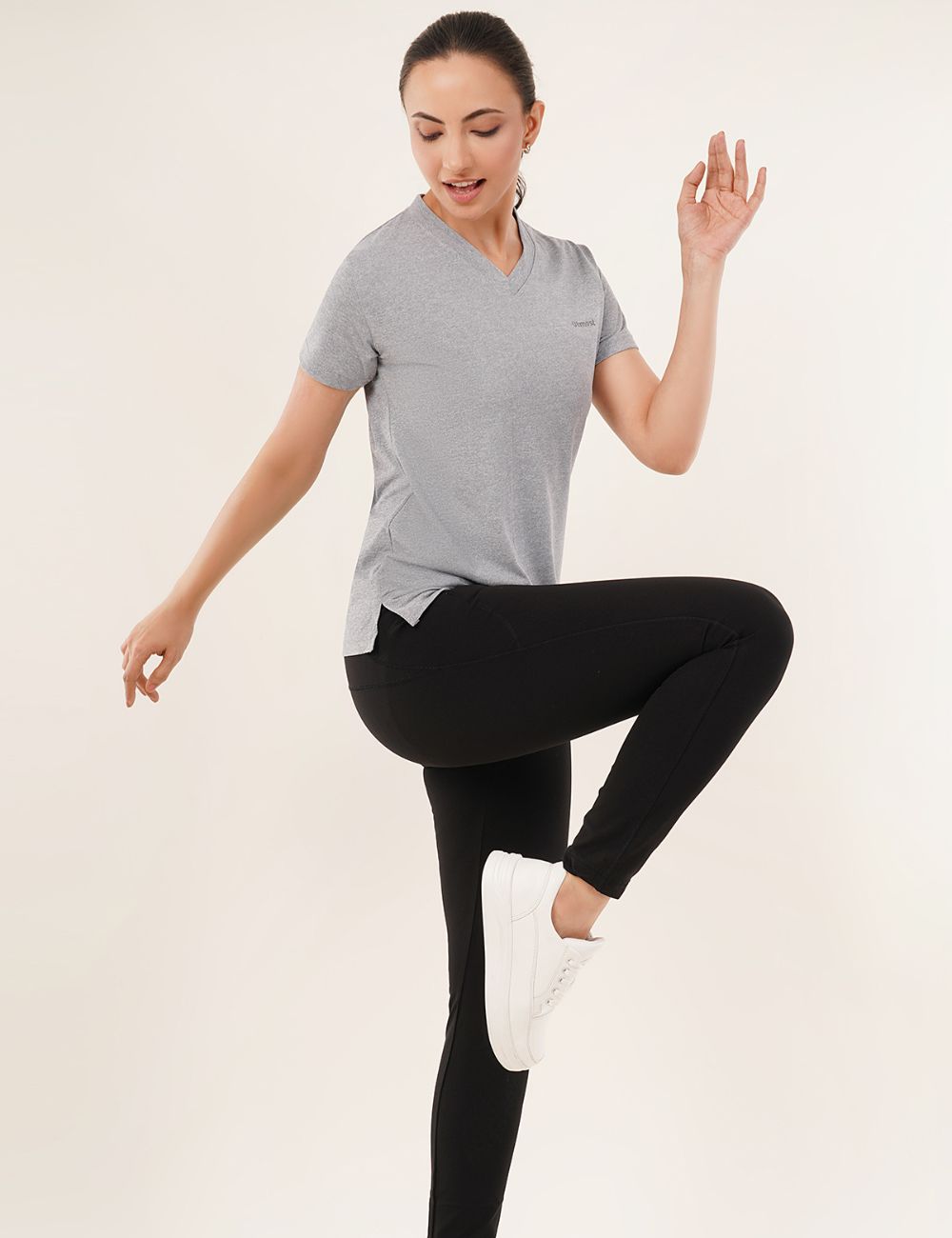 Ladies Polyester V-Neck Dry Fit T-Shirt -X05 GREY MELANGE - REGULAR FIT