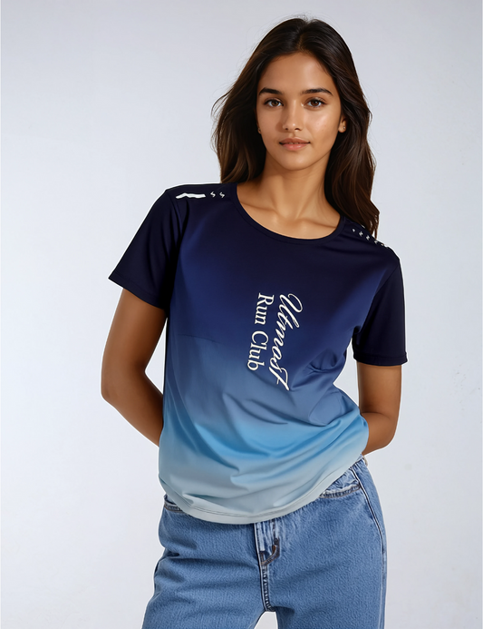 Ladies Polyester Navy Blue Printed Dry Fit T-Shirt X01 - Run Club - Regular Fit