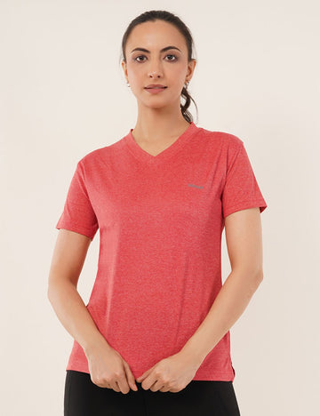 Ladies Polyester V-Neck Dry Fit T-Shirt -X05 RED MELANGE - REGULAR FIT