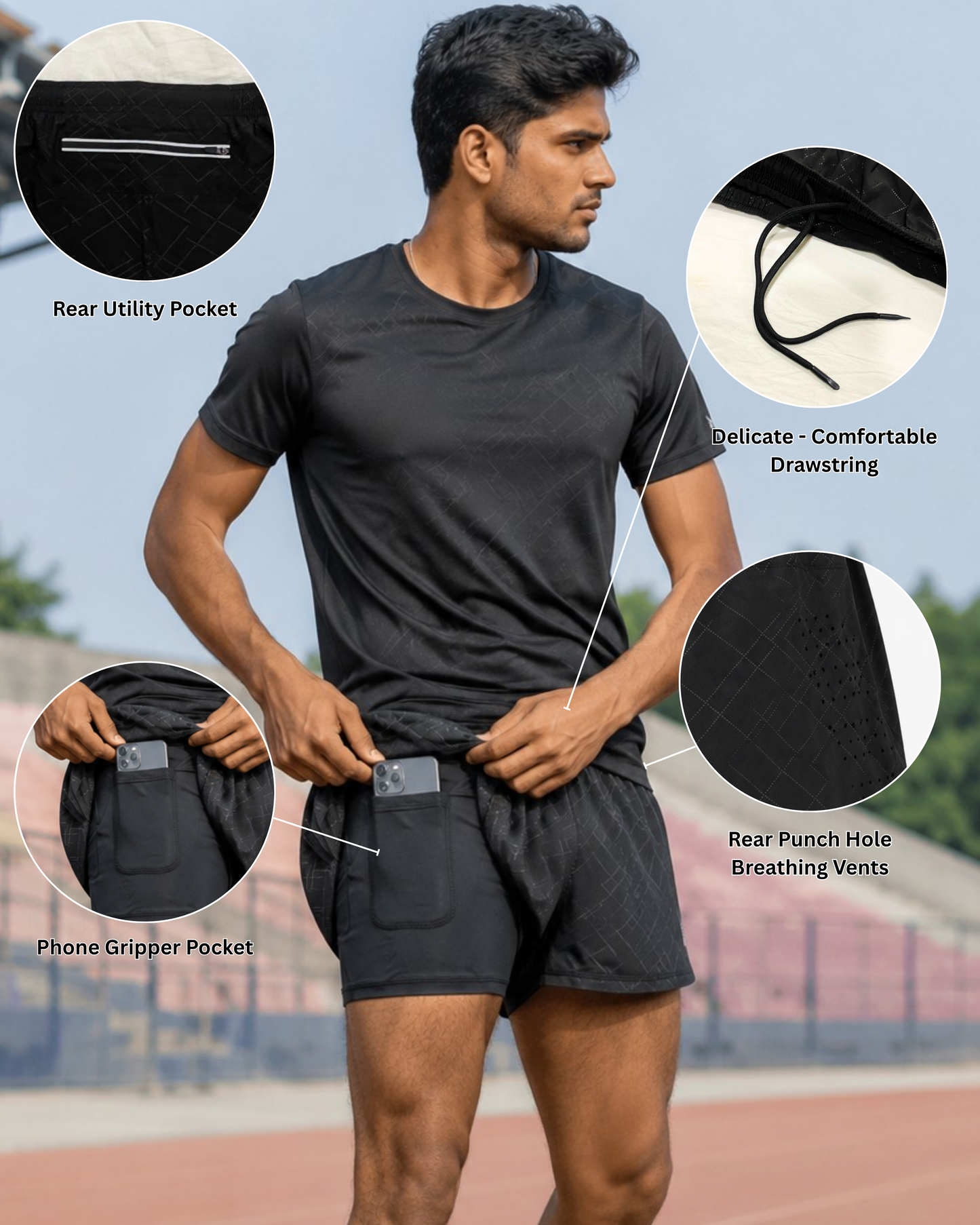 Men’s 5 inch Runner Shorts with Inner - C01 Black With Lines