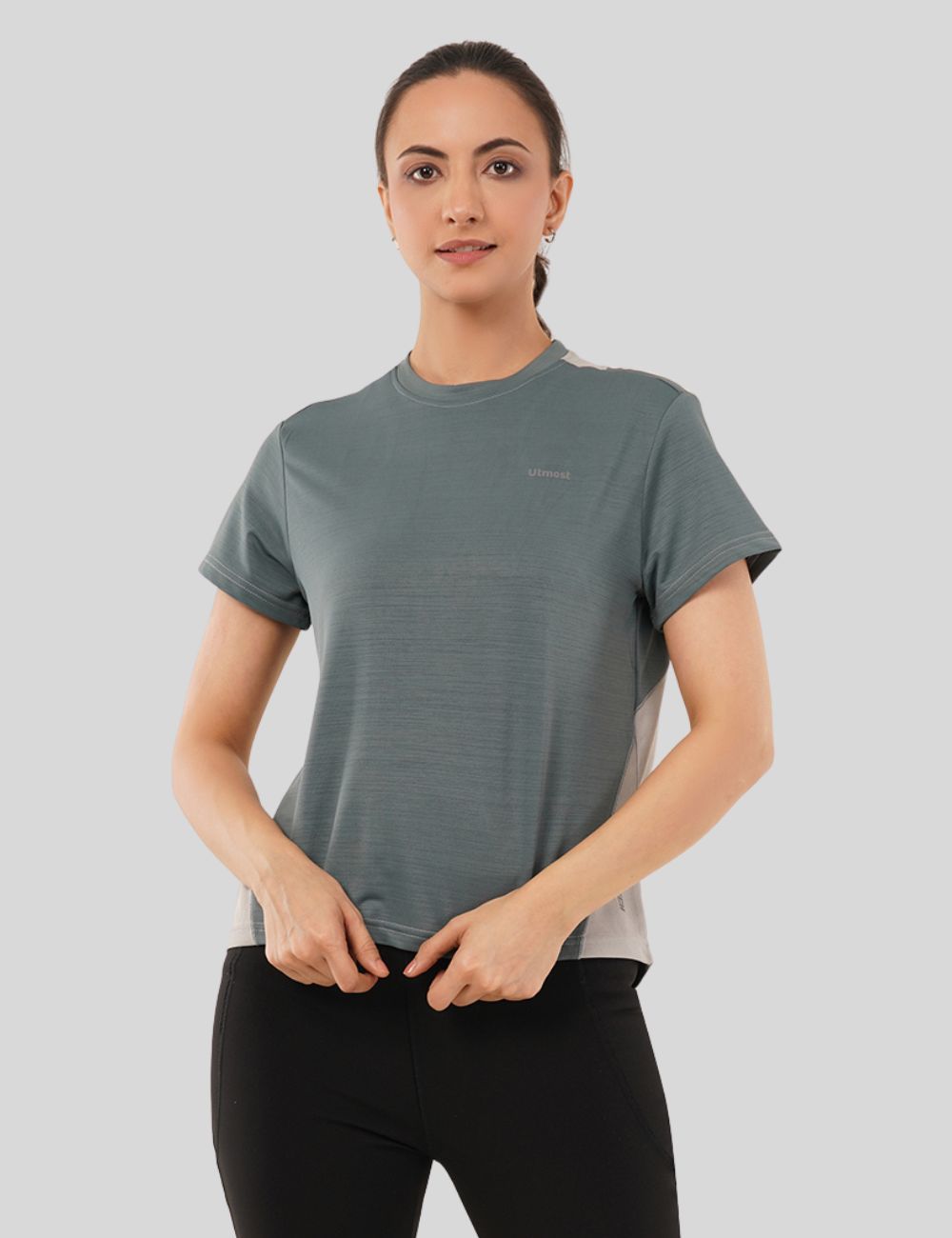 LADIES RACER BACK DUAL COLOUR DRY FIT T-SHIRT - X05 Dark and Light Grey (LOOSE FIT)
