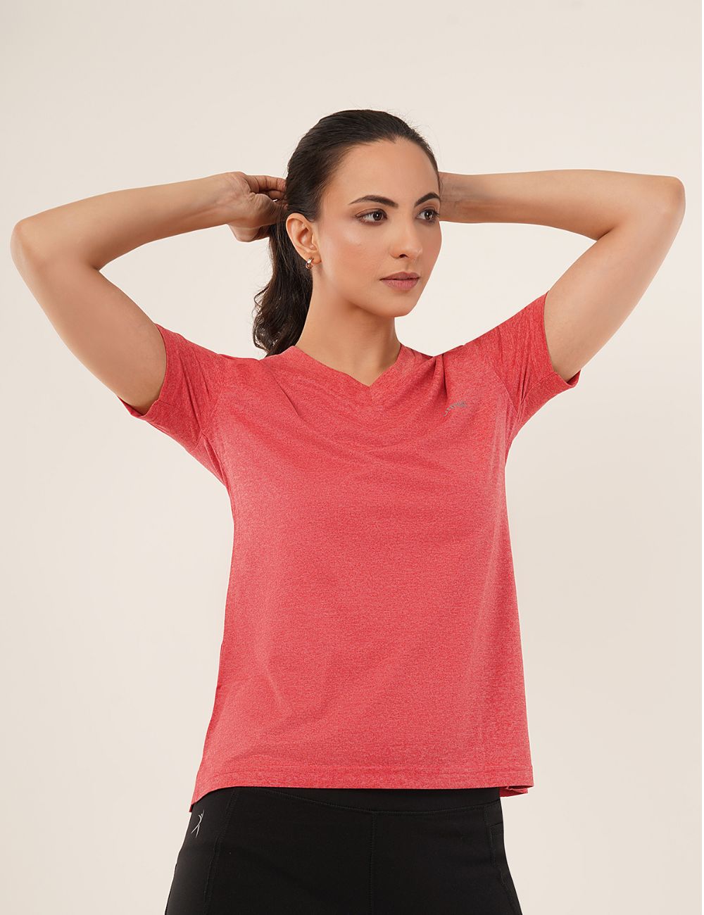Ladies Polyester V-Neck Dry Fit T-Shirt -X05 RED MELANGE - REGULAR FIT