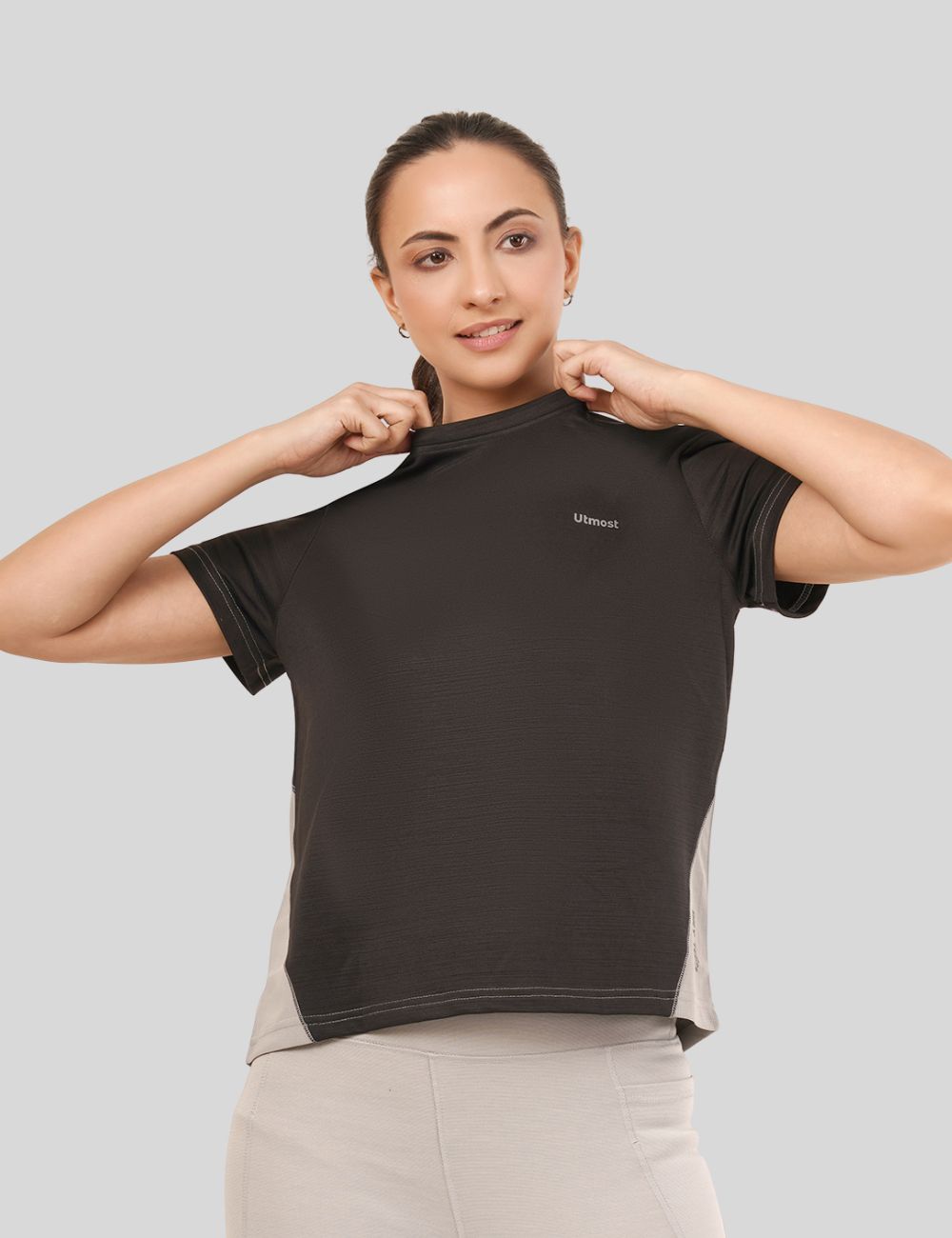 LADIES RACER BACK DUAL COLOUR DRY FIT T-SHIRT - X05 BLACK AND GERY (LOOSE FIT)