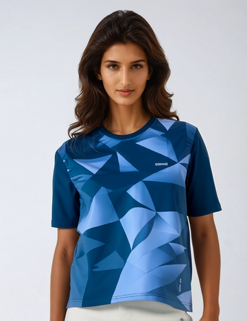 Ladies Polyester Graphic Print Dry Fit T-Shirt  X01 Blue and white (Regular Fit)