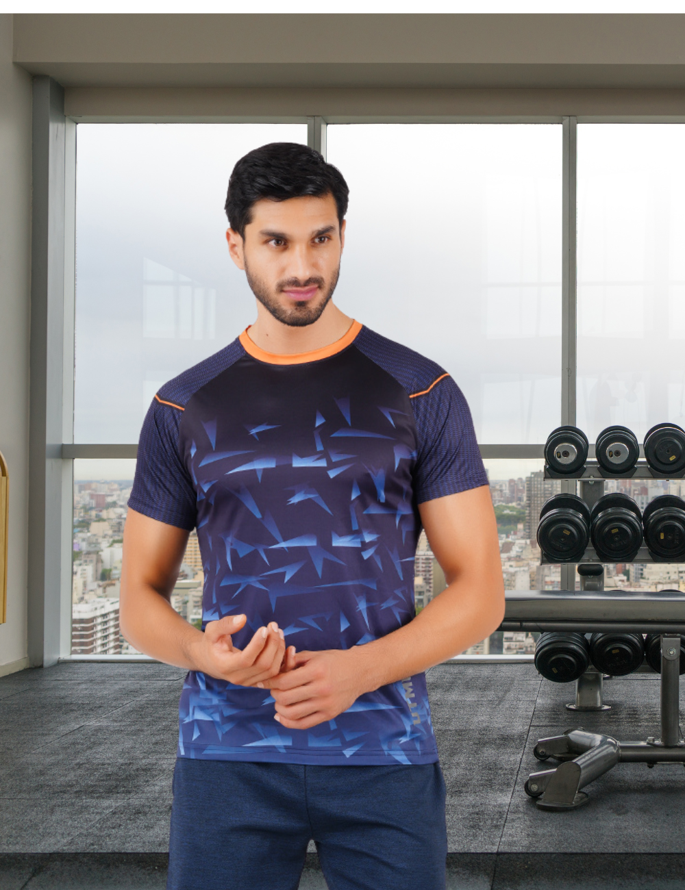 DRY FIT ROUND NECK T SHIRT - NAVY AND ORANGE S11