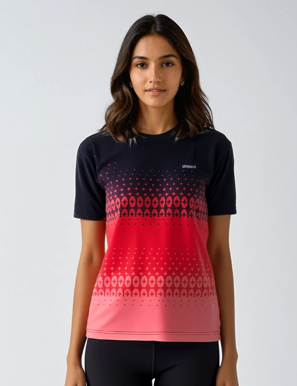 Ladies Polyester Graphic Print Dry Fit T-Shirt  X01 Black and Red (Regular Fit)