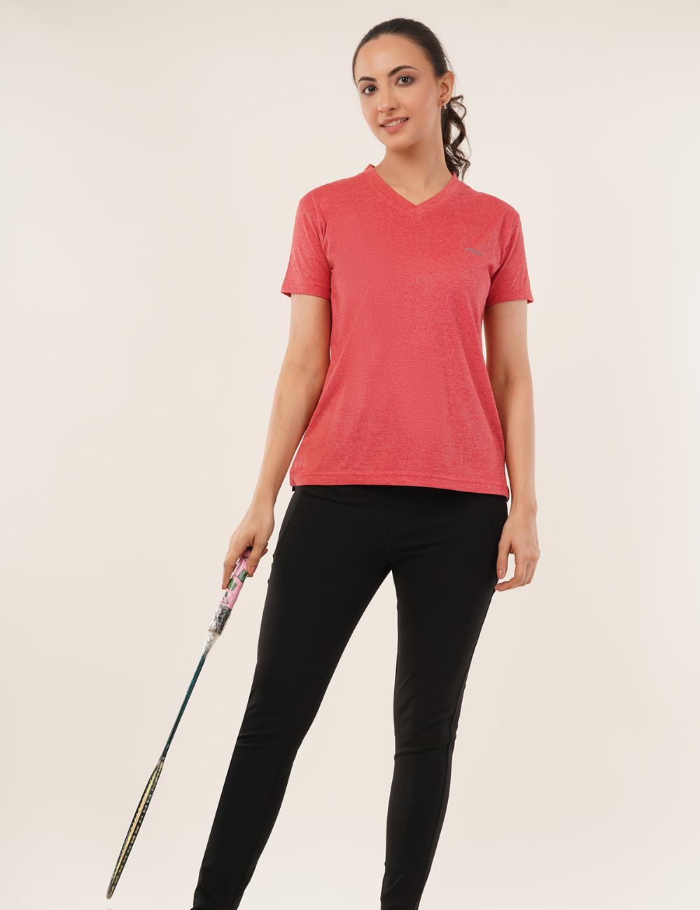 Ladies Polyester V-Neck Dry Fit T-Shirt -X05 RED MELANGE - REGULAR FIT