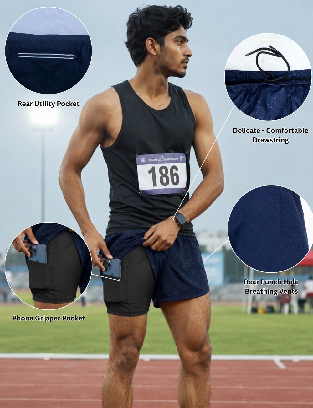 Men’s 5 inch Runner Shorts with Inner - C01 Navy with Lines