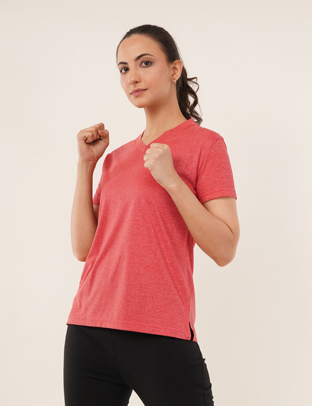Ladies Polyester V-Neck Dry Fit T-Shirt -X05 RED MELANGE - REGULAR FIT