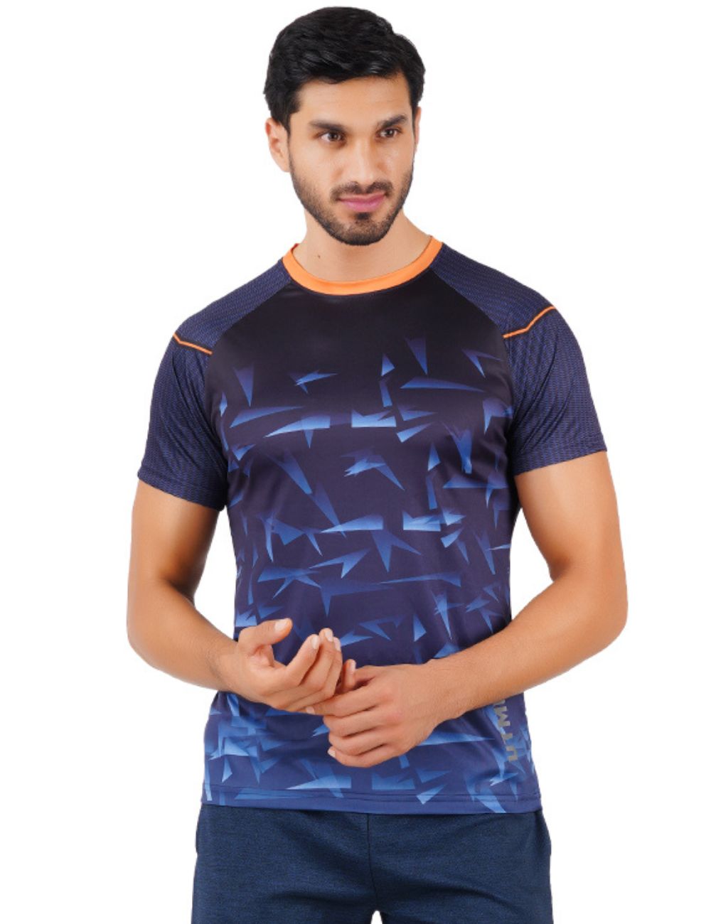 DRY FIT ROUND NECK T SHIRT - NAVY AND ORANGE S11