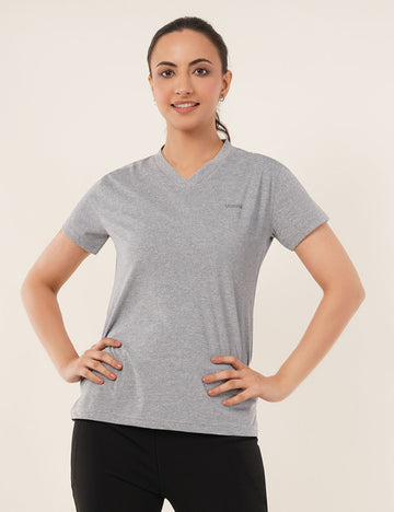 Ladies Polyester V-Neck Dry Fit T-Shirt -X05 GREY MELANGE - REGULAR FIT