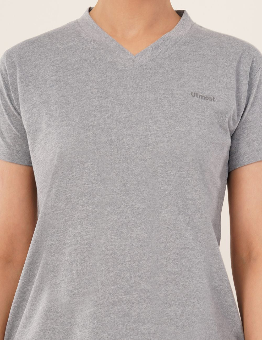 Ladies Polyester V-Neck Dry Fit T-Shirt -X05 GREY MELANGE - REGULAR FIT