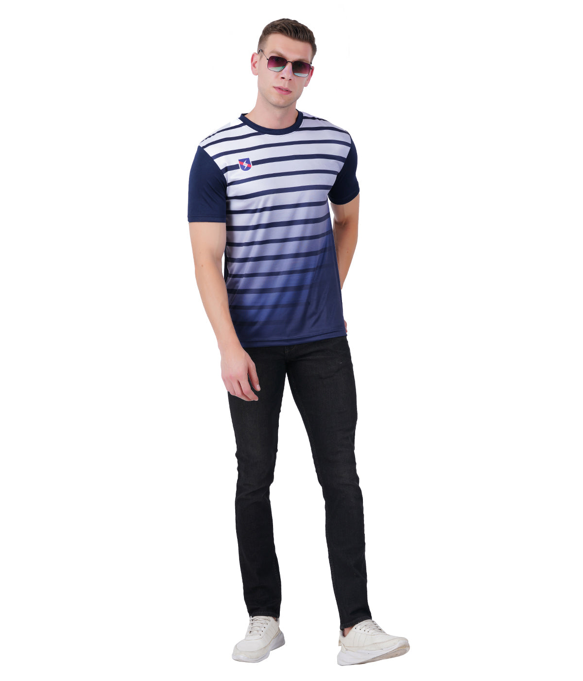 DRY FIT ROUND NECK T SHIRT - NAVY BLUE AND WHITE STRIPS - S17