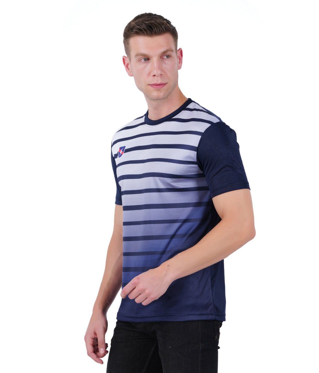 DRY FIT ROUND NECK T SHIRT - NAVY BLUE AND WHITE STRIPS - S17