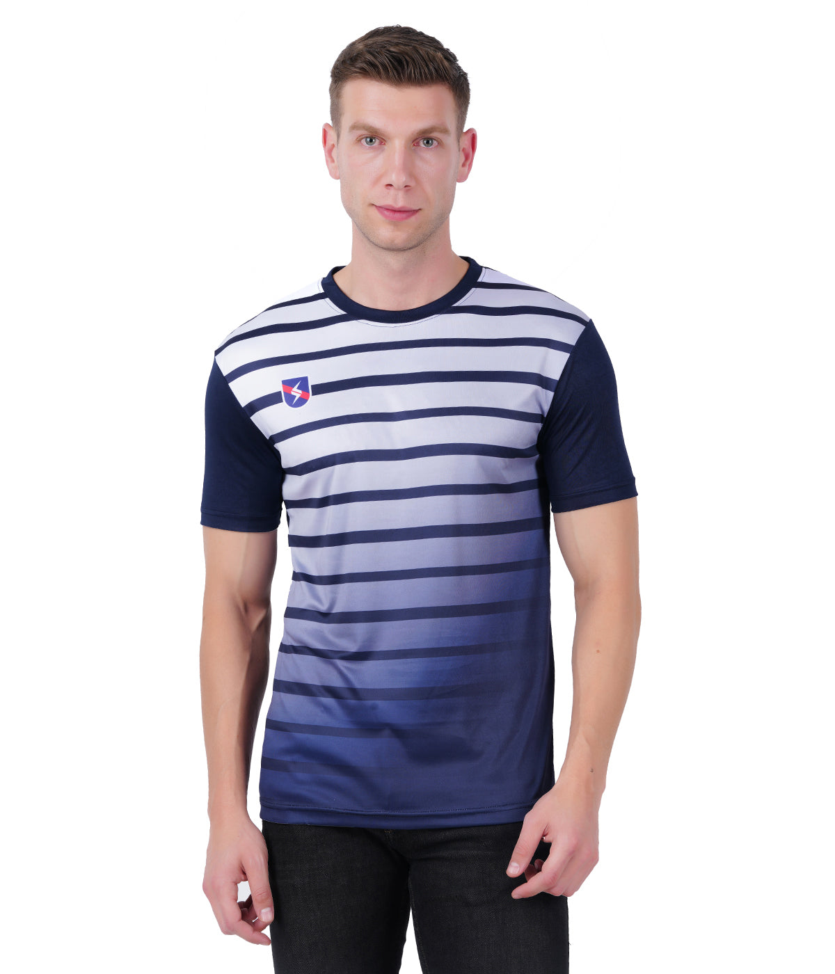 DRY FIT ROUND NECK T SHIRT - NAVY BLUE AND WHITE STRIPS - S17