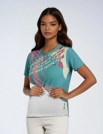 Ladies Polyester Sky Blue Printed Dry Fit T-Shirt X01 - Dual Color- Regular Fit