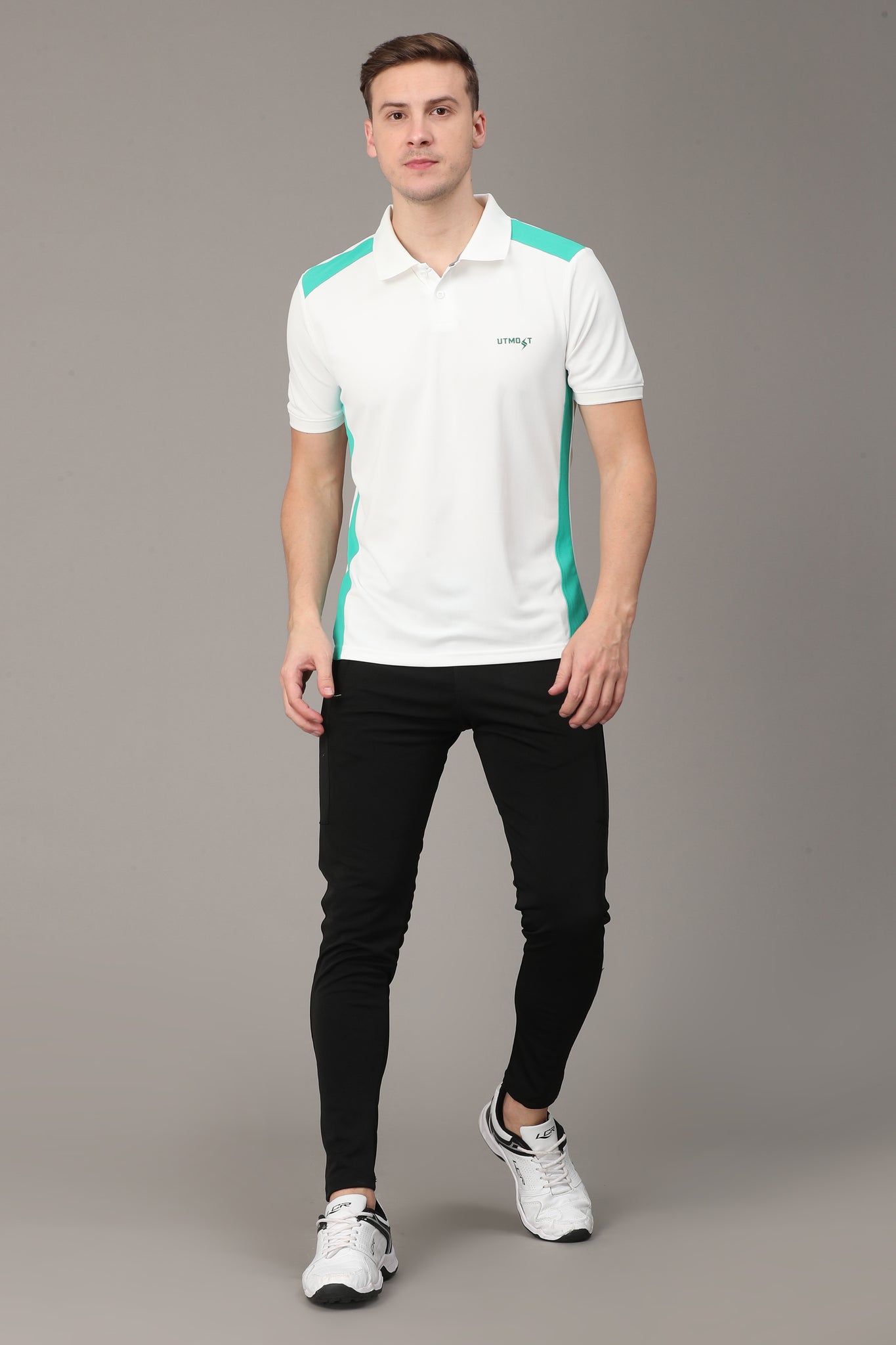 Green Strip on White Polo T-Shirt