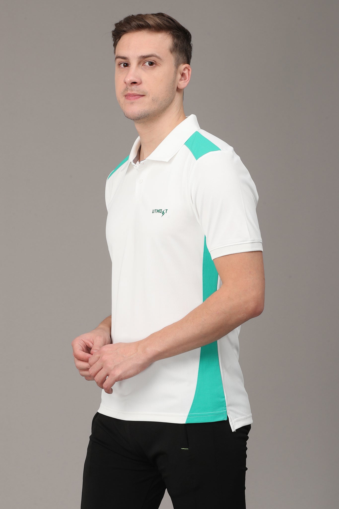 Green Strip on White Polo T-Shirt